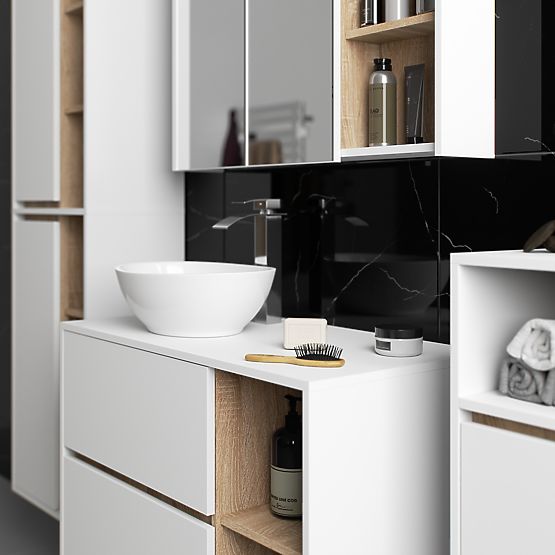 SET MOBILIER DE BAIE SUSPENDAT CU GĂURI VAMI ALB / STEJAR SONOMA