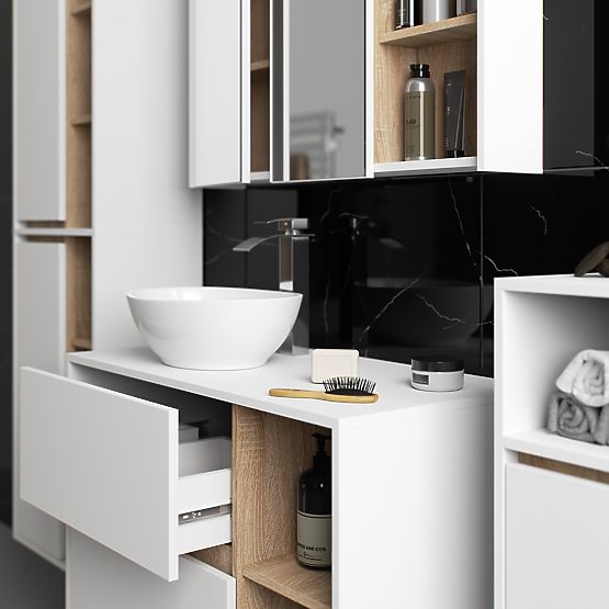SET MOBILIER DE BAIE SUSPENDAT CU GĂURI VAMI ALB / STEJAR SONOMA