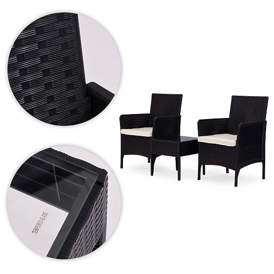 Set mobilier de grădină 2 fotolii + masă sticlă călită neagră MultiGarden