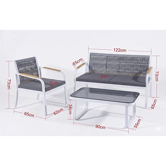 Set mobilier de grădină din aluminiu (2 x fotoliu, canapea + masă) RARO alb, gri