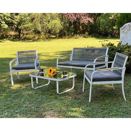 Set mobilier de grădină din aluminiu (2 x fotoliu, canapea + masă) RARO alb, gri
