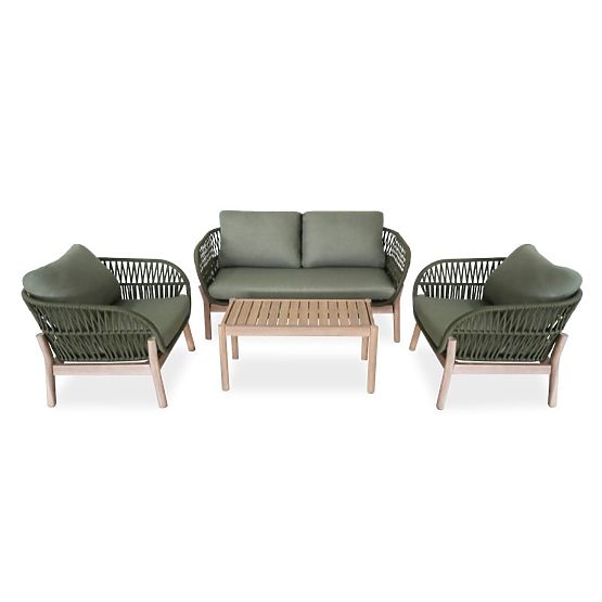 Set mobilier de grădină Fiorentino aspect de tec, împletit, lemn de acacia deschis FSC, verde, rotun