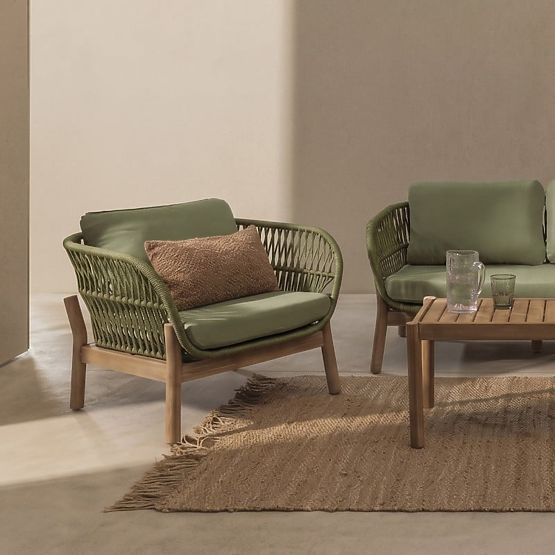 Set mobilier de grădină Fiorentino aspect de tec, împletit, lemn de acacia deschis FSC, verde, rotun