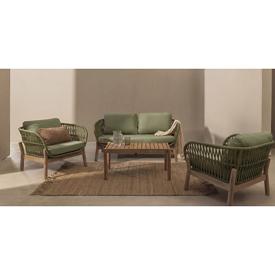Set mobilier de grădină Fiorentino aspect de tec, împletit, lemn de acacia deschis FSC, verde, rotun