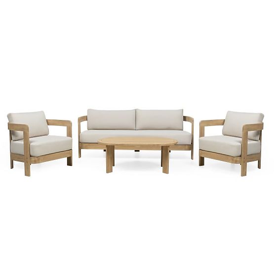 Set mobilier de grădină Japandi lemn de acacia FSC, aspect de tec, bej deschis, rotunjit