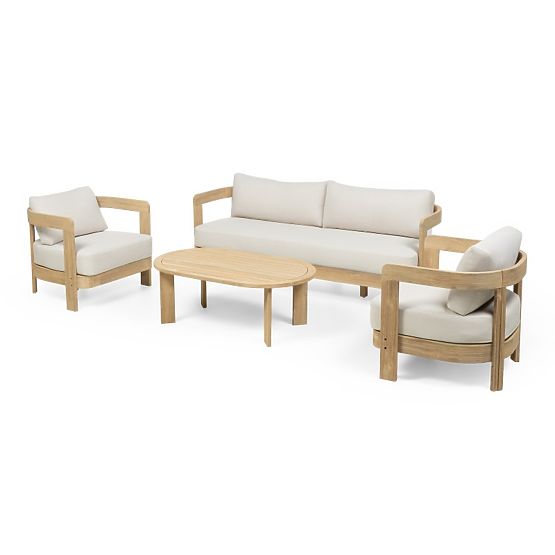 Set mobilier de grădină Japandi lemn de acacia FSC, aspect de tec, bej deschis, rotunjit