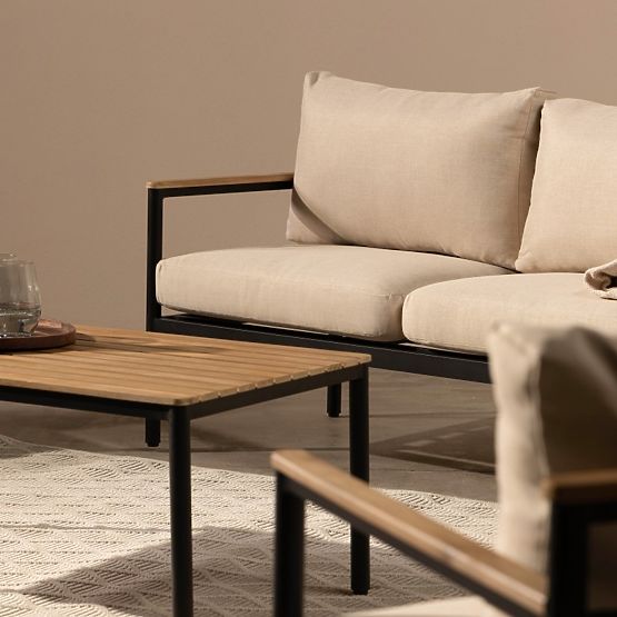 Set mobilier de grădină Porticello, aluminiu, lemn de salcâm FSC, aspect de tec, bej/negru