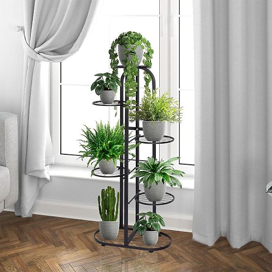 Suport modern din metal pentru flori cu 6 niveluri, negru