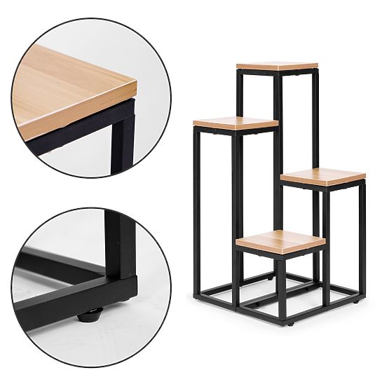 Suport pentru flori raft decorativ cu 4 polițe metal MDF nuc deschis ModernHome