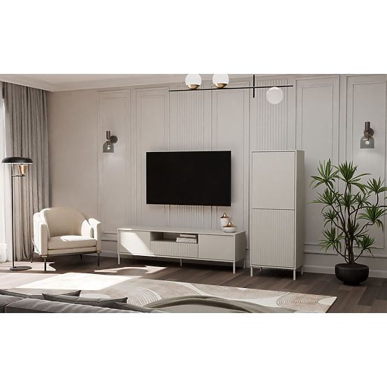 Vitrină KAMARO 2DK SLIM/SMOOTH CAȘMIR Lamelat Canelat + Panou Frontal Clasic