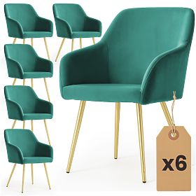 6x Scaun tapițat din catifea netedă Verde Sticlă ESTELLE Picioare Aurii