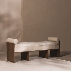 Bancă tapițată Loppo bej deschis, boucle, Nuc Wisconsin