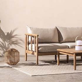 Canapea de colț de grădină cu măsuță Mortlake, lemn de eucalipt FSC, aspect de tec, bej deschis