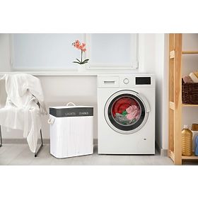 Coș de rufe din bambus cu 2 compartimente alb-gri