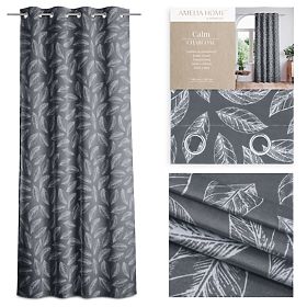 Draperie CALM culoare grafit motiv vegetal imprimat stil clasic orificii metalice argintii