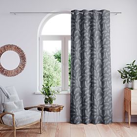 Draperie CALM culoare grafit motiv vegetal imprimat stil clasic orificii metalice argintii