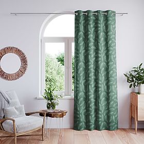 Draperie CALM culoare verde sticlă cu motiv vegetal imprimat stil clasic cu inele metalice argintii