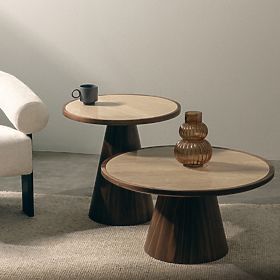 Masă de cafea Kyoto 80 cm, rotundă, travertin/nuc