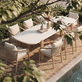 Masă de grădină Komorebi 280 cm cu blat de piatră, lemn de salcâm deschis/bej deschis, dreptunghiula