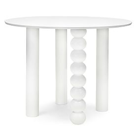 Masă rotundă Bolla 100 cm, furnir de fag, alb, picior decorativ cu bile