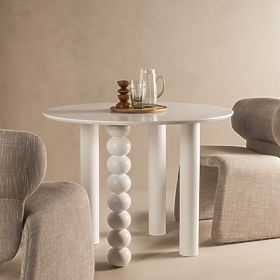 Masă rotundă Bolla 100 cm, furnir de fag, alb, picior decorativ cu bile