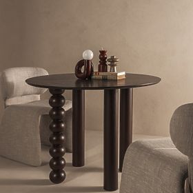 Masă rotundă Bolla 100 cm, furnir de stejar, nuc, picior decorativ cu bile
