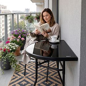 Măsuță de cafea semicirculară din sticlă pentru balcon, terasă, patio neagră MultiGarden