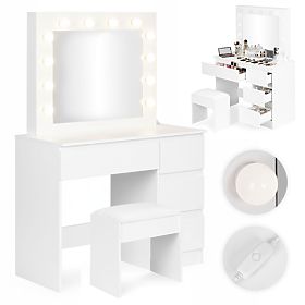 Măsuță de toaletă cosmetică cu oglindă și iluminare LED 4 sertare taburet ModernHome