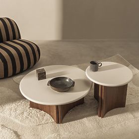 Măsuță laterală Marlo II 50 cm, alb crem/nuc, microciment