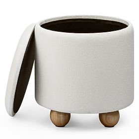 Puf tapițat Pebble, cu spațiu de depozitare, rotund, alb