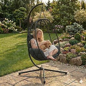 Scaun de grădină suspendat, independent, tip cocon, până la 120 kg, perne negre MultiGarden, MultiGarden