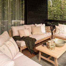 Set colțar de grădină cu masă Castello, împletitură, lemn de salcâm FSC, aspect de tec, bej