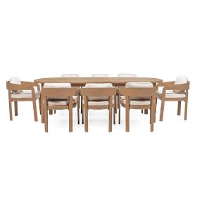 Set de grădină Satori II, masă 240 cm + 8 scaune, lemn de salcâm FSC, aspect de tec, bej, rotunjit
