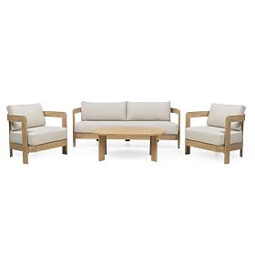 Set mobilier de grădină Japandi lemn de acacia FSC, aspect de tec, bej deschis, rotunjit